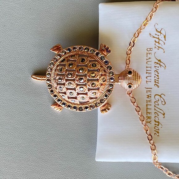 FAC Rose Gold Tone Marcasite Domed Turtle Necklace New - Picture 3 of 6